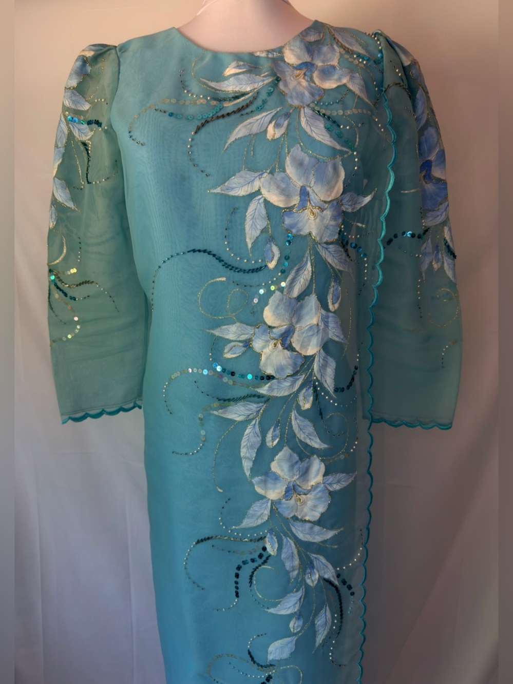 Filipiniana Aqua Floral Embellished Dress